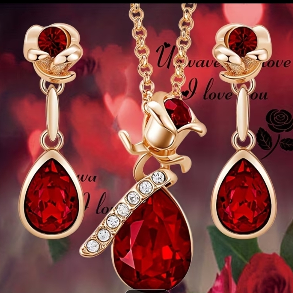 Gold and Red Teardrop Necklace & Earring Set - Elegant Women's Jewelry - Picture 1 of 4